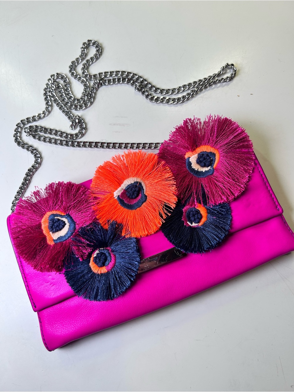 Loeffler Randall Pink Leather Embroidered Floral Tab Clutch/ Crossbody Bag.
